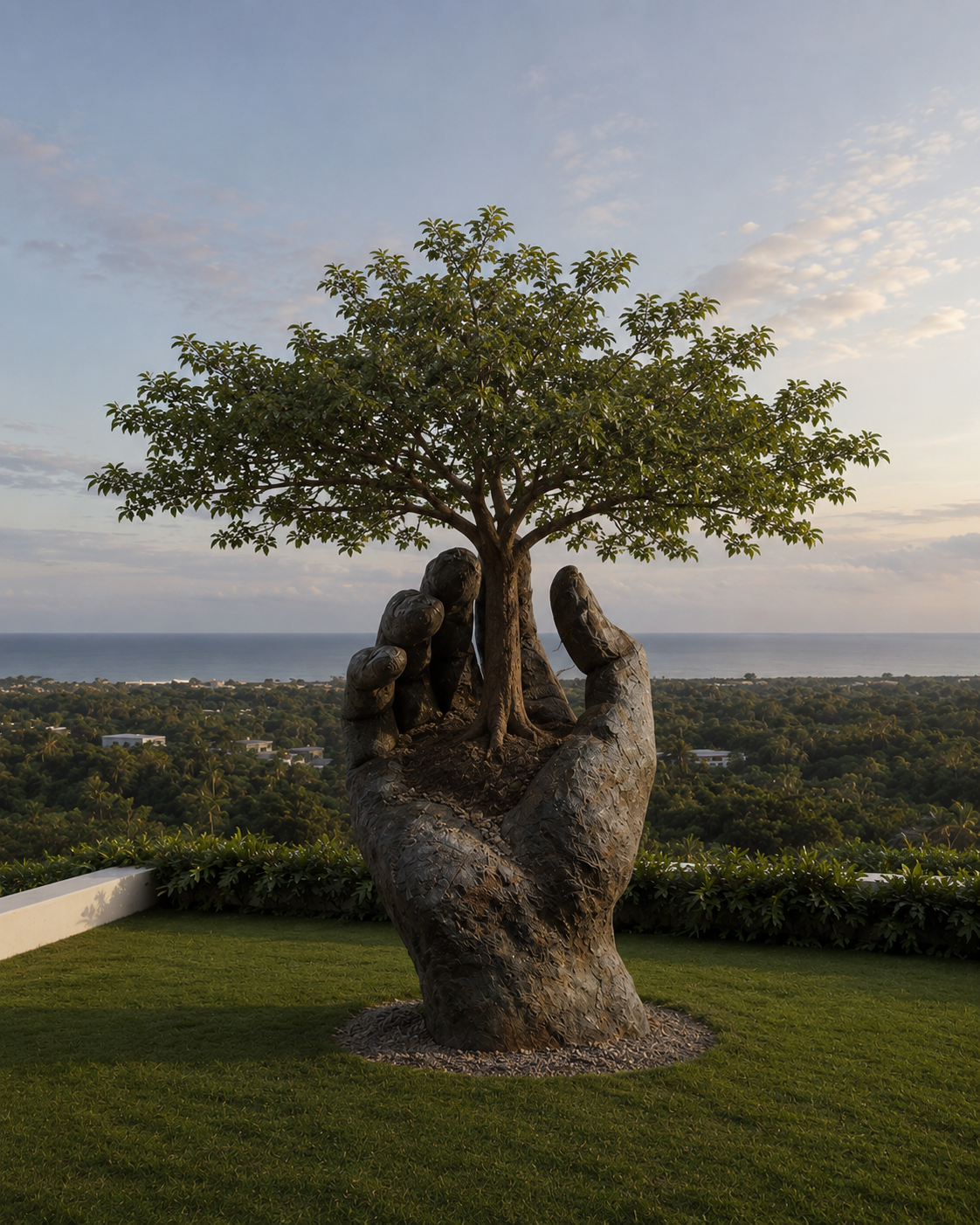 Giant hand sculpture cradling a tree, with ocean view in background
