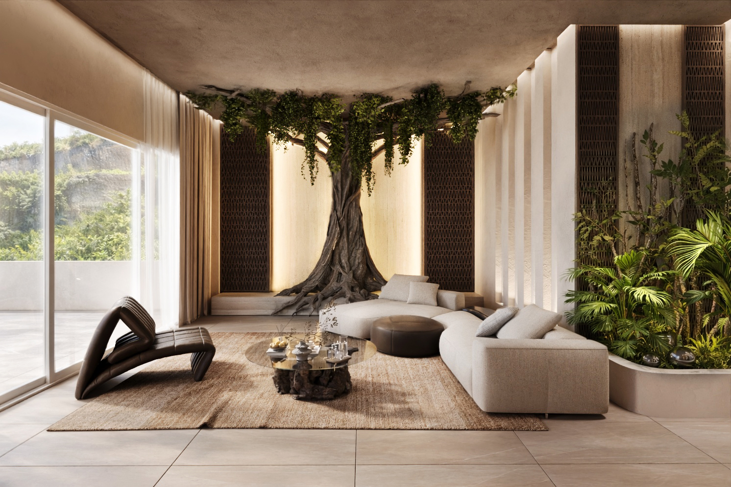 Ancient banyan tree sculpture inside the villa living area